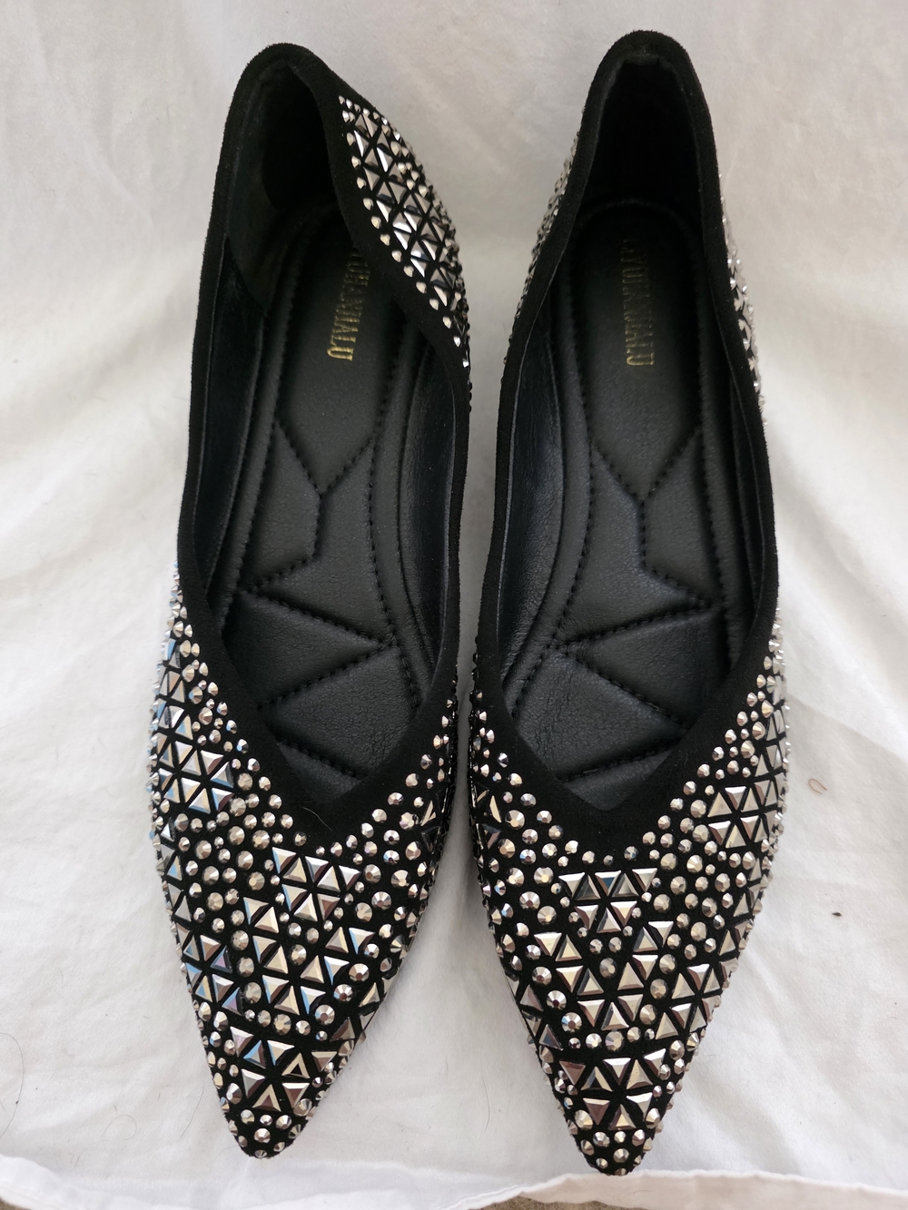 Black Silver Pointed Toe Ballerina Studded Rhinestone Flats Womens 10